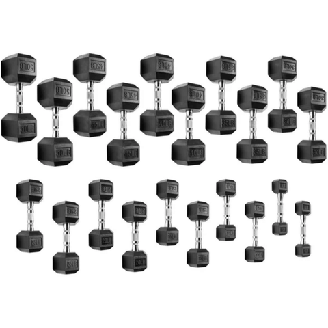 BUNDLE: 5-50lb Rubber Hex Dumbbell Set + Rack